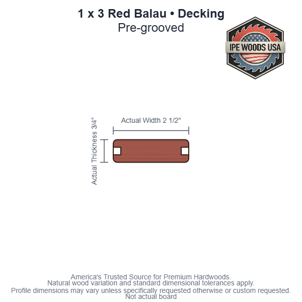 1x3 Red Balau Pre-Grooved Decking board profile diagram — view 3