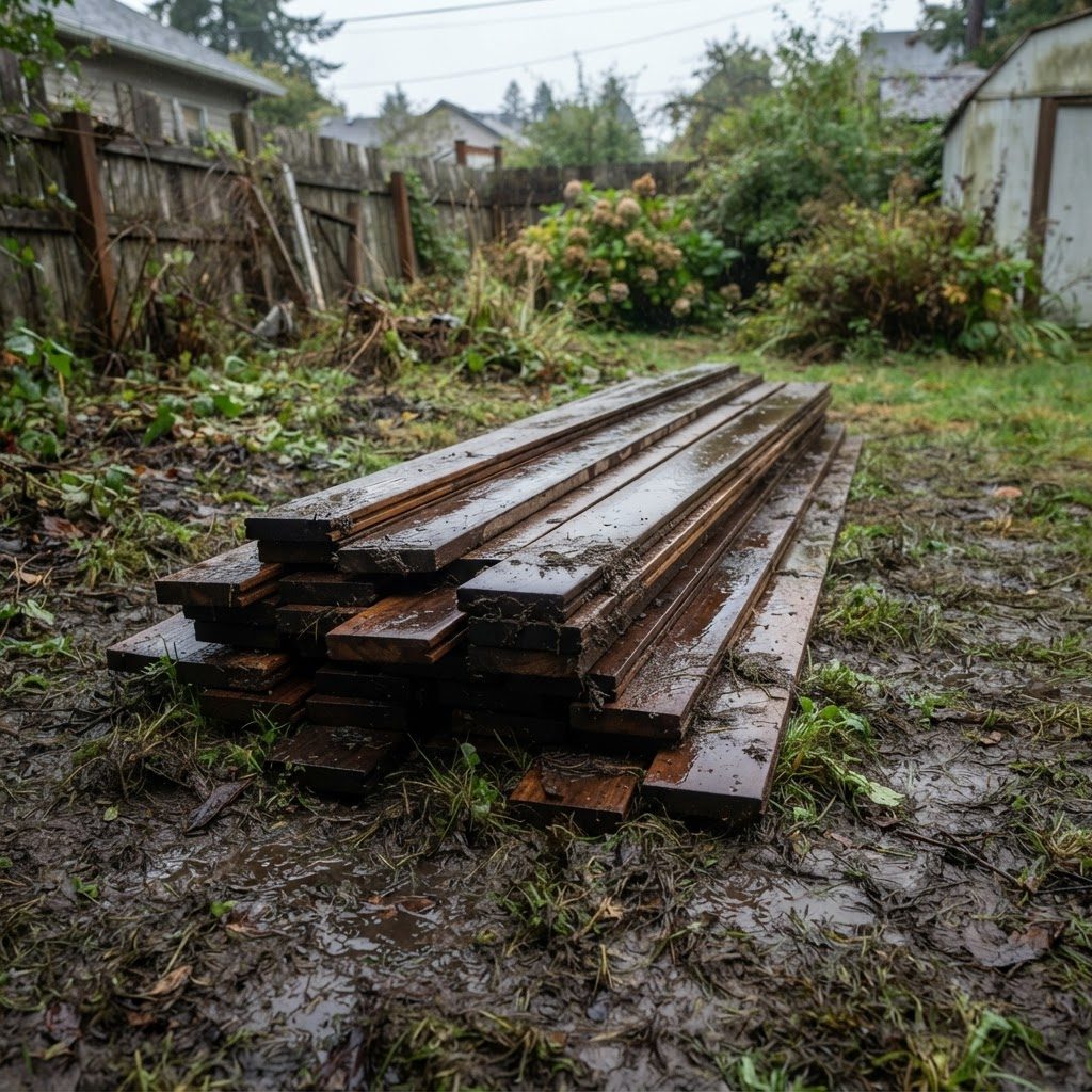 Hardwood boards placed directly on wet ground