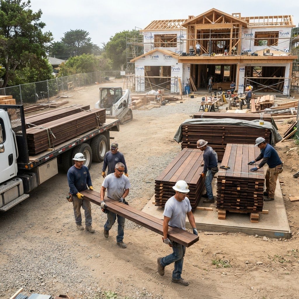 Crew of five to six workers around a substantial delivery with multiple acclimation stacks