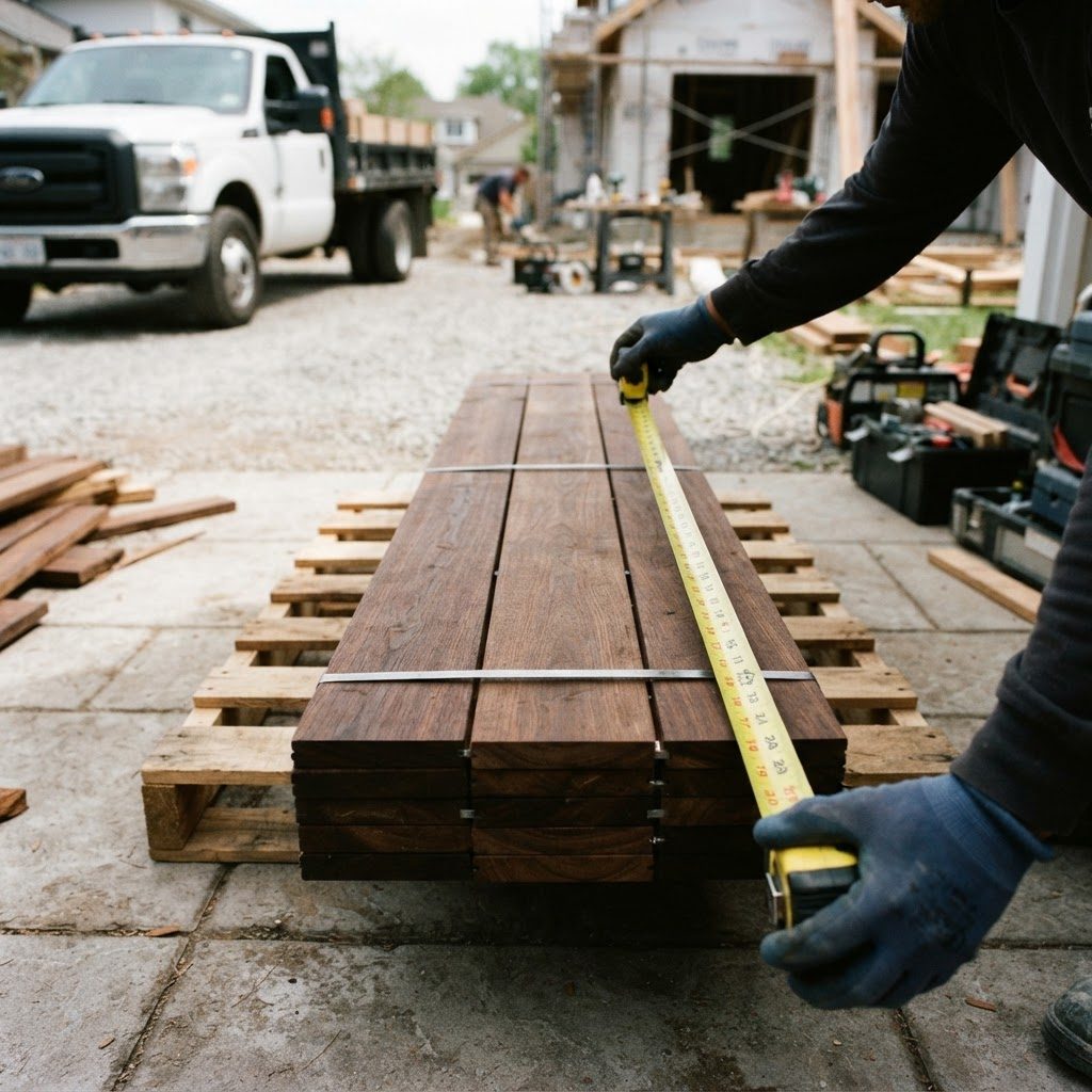 Tape measure stretched along the full length of a banded stack of hardwood decking boards to verify board length
