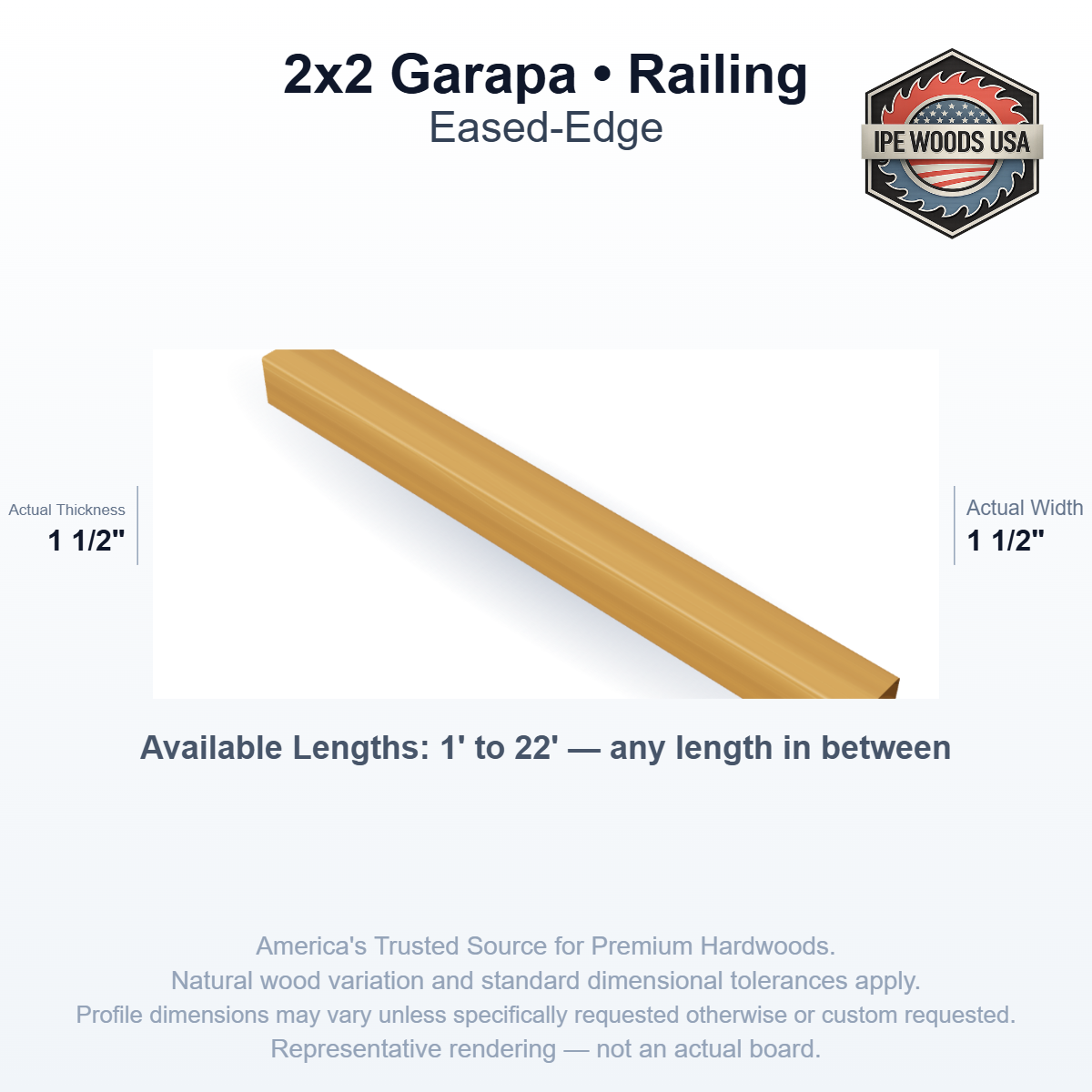 2x2 Garapa Railing board profile diagram — view 1