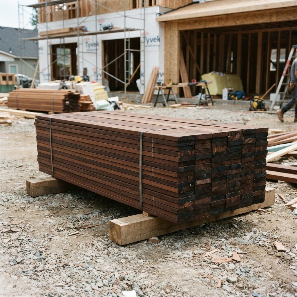 Lumber bundle sitting tightly strapped as transported