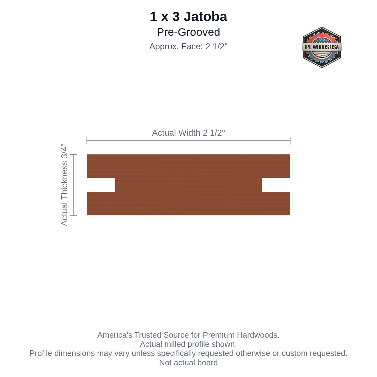 1x3 Jatoba Pre-Grooved Decking board profile diagram