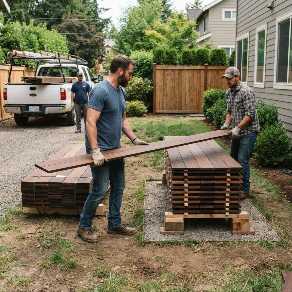Two workers unloading a small residential Ipe deck package into a stickered stack
