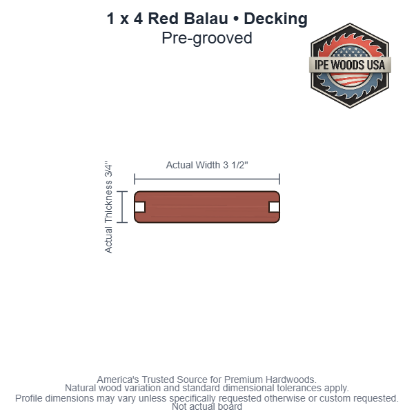 1x4 Red Balau Pre-Grooved Decking board profile diagram — view 3