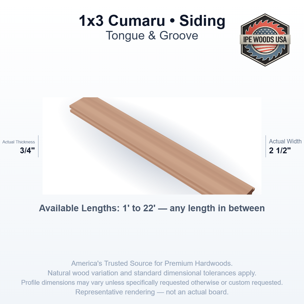 1x3 Cumaru Tongue & Groove Siding board profile diagram — view 1