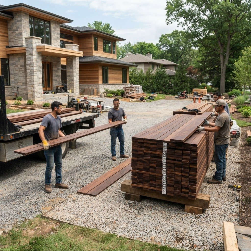 Crew of three to four workers handling a larger residential deck package