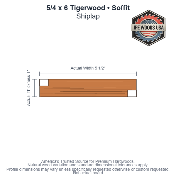 5/4x6 Tigerwood Shiplap Soffit board profile diagram — view 3