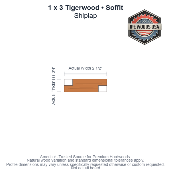 1x3 Tigerwood Shiplap Soffit board profile diagram — view 3