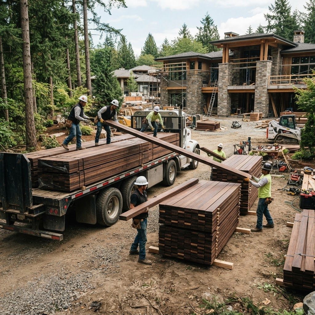 Large crew unloading a substantial Ipe delivery into multiple organized acclimation stacks
