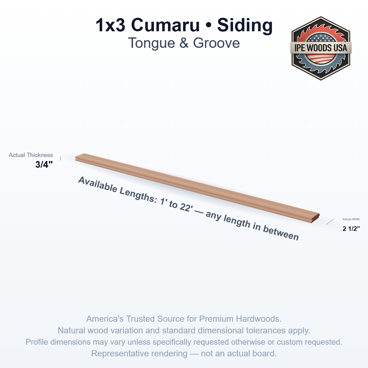 1x3 Cumaru Tongue & Groove Siding board profile diagram — view 2