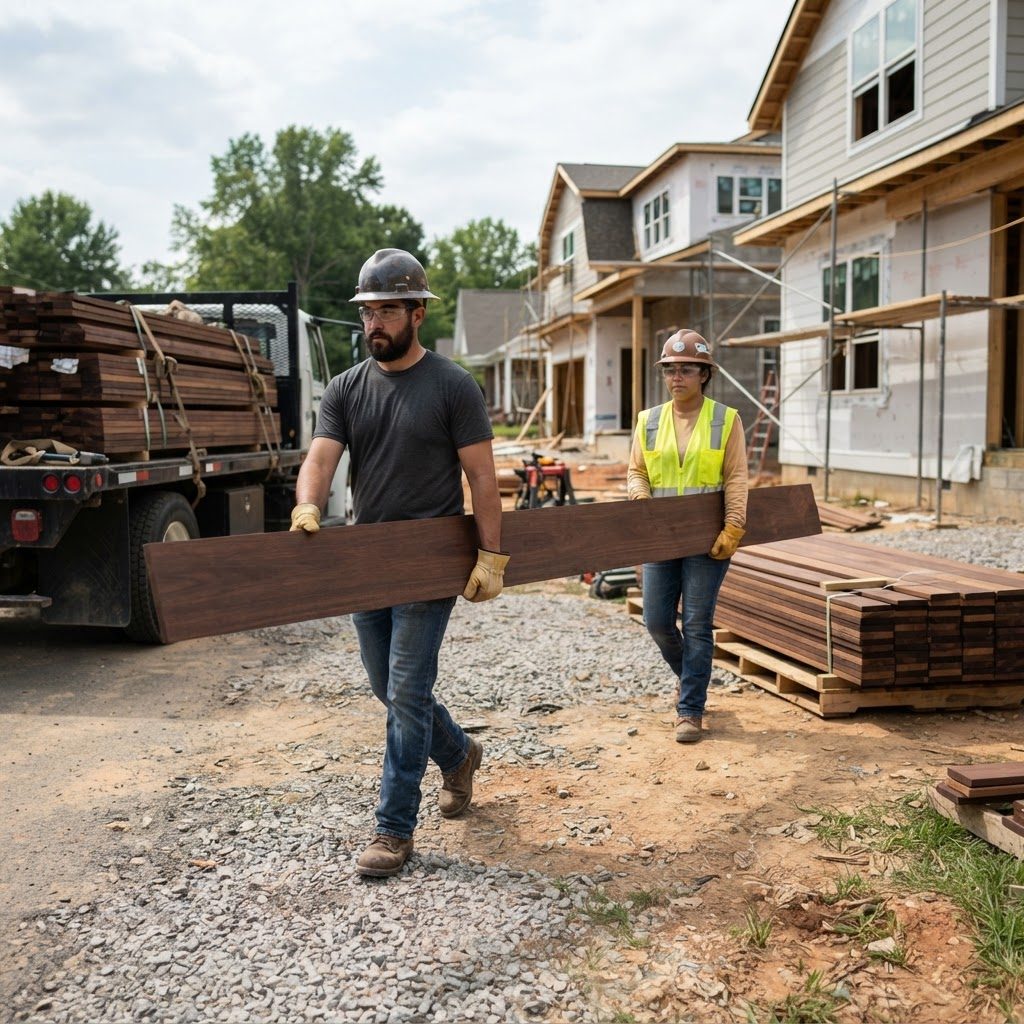 Workers carrying a long Ipe board from the truck toward the stack