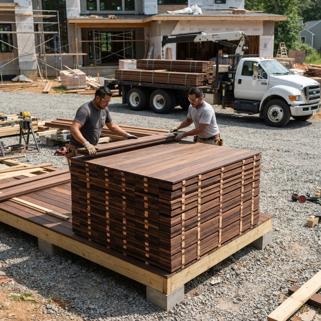 Crew building an organized stickered acclimation stack while unloading