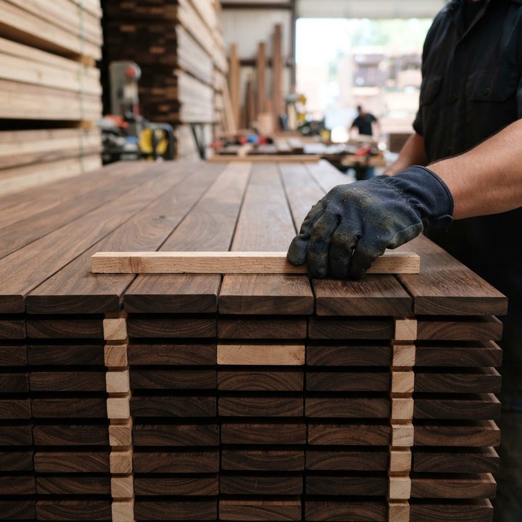 Worker placing uniform stickers perpendicular to Ipe boards