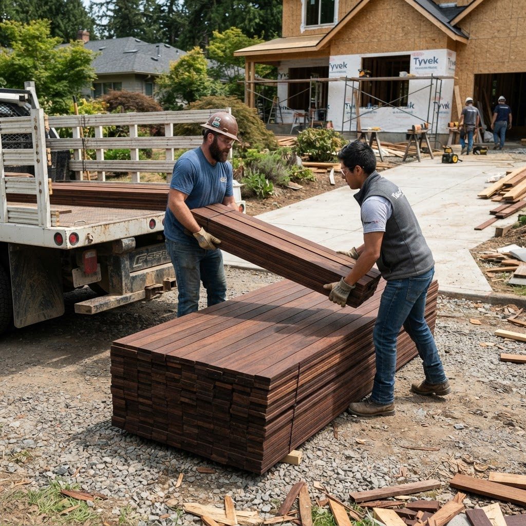 Ipe boards unloaded into a tight temporary pile without stickers