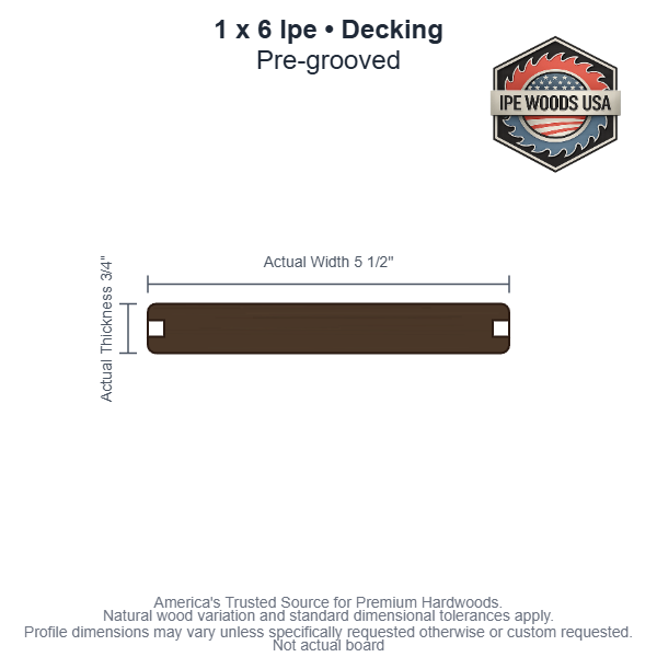 1x6 Ipe Pre-Grooved Decking board profile diagram — view 3