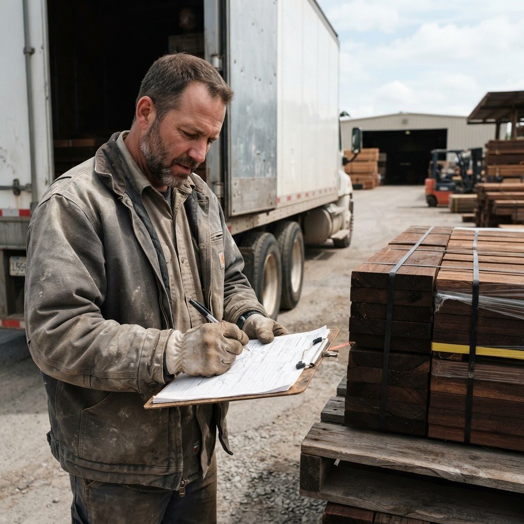 Contractor signing a freight delivery receipt beside banded bundles of hardwood lumber
