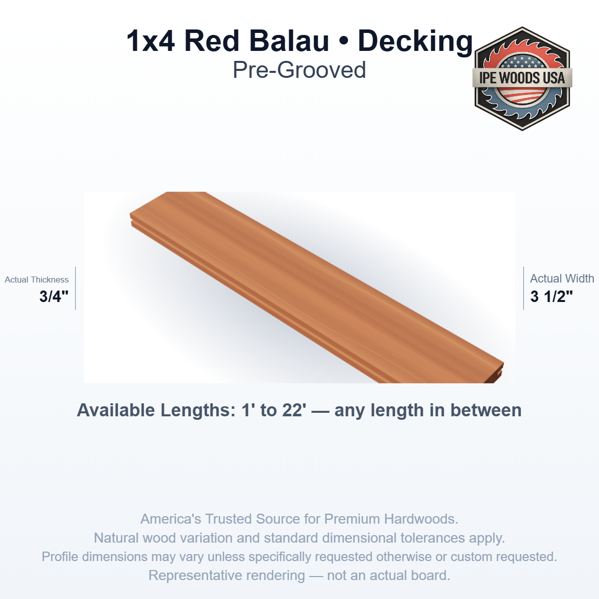 1x4 Red Balau Pre-Grooved Decking board profile diagram