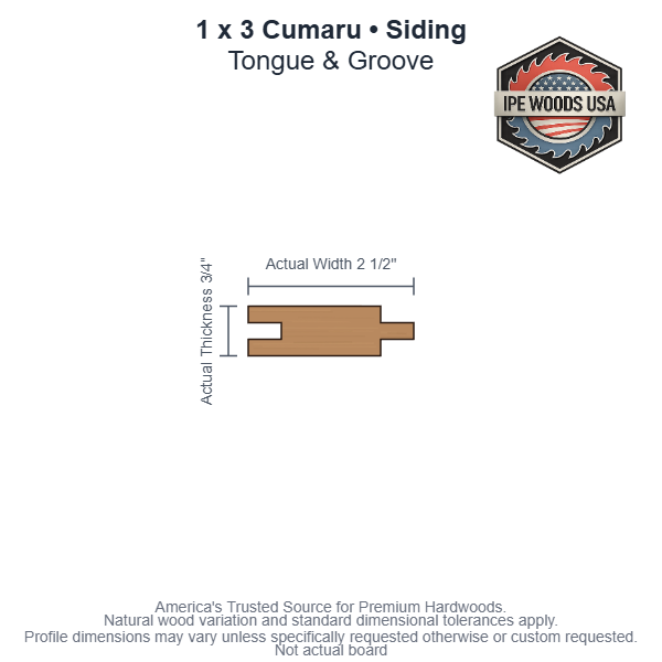 1x3 Cumaru Tongue & Groove Siding board profile diagram — view 3