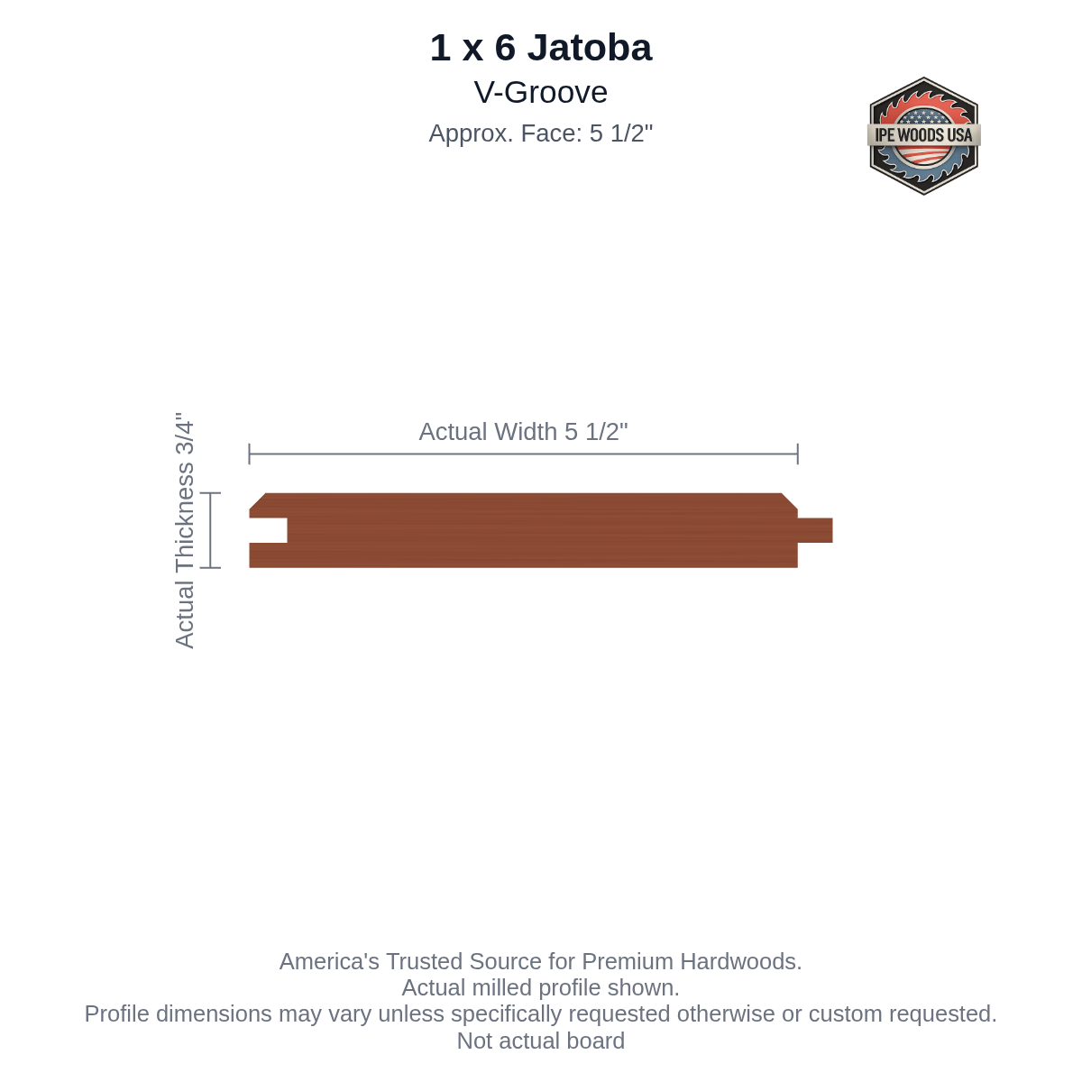 1x6 Jatoba V Groove Siding board profile diagram