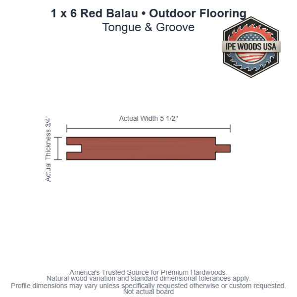 1x6 Red Balau Tongue & Groove Outdoor Flooring board profile diagram