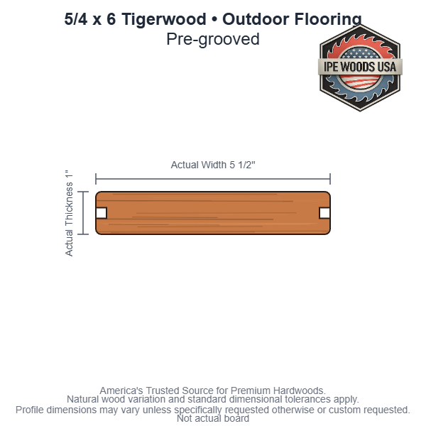 5/4 x 6 Tigerwood Pregrooved Outdoor Flooring board