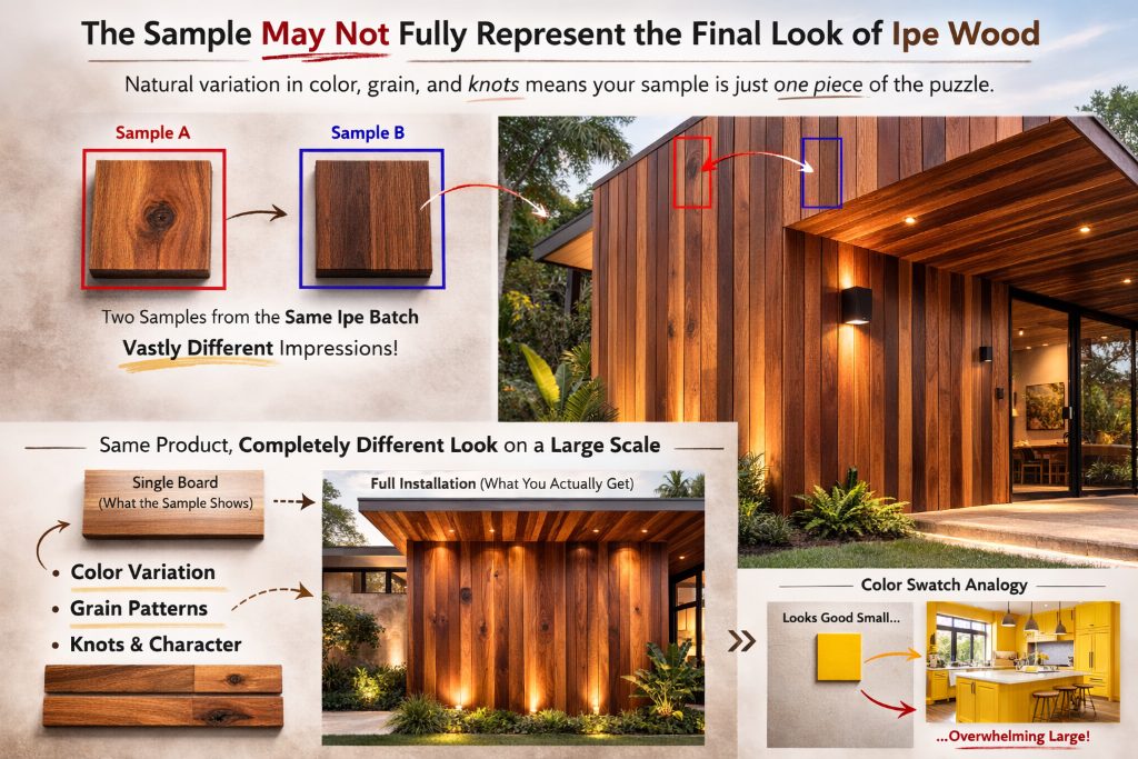Ipe wood sample comparison showing natural variation