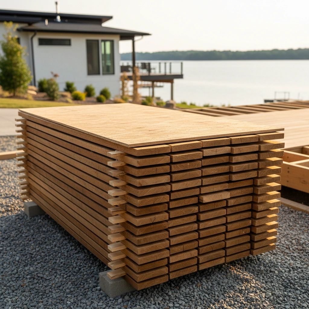 Properly stickered and stacked hardwood decking boards acclimating outdoors