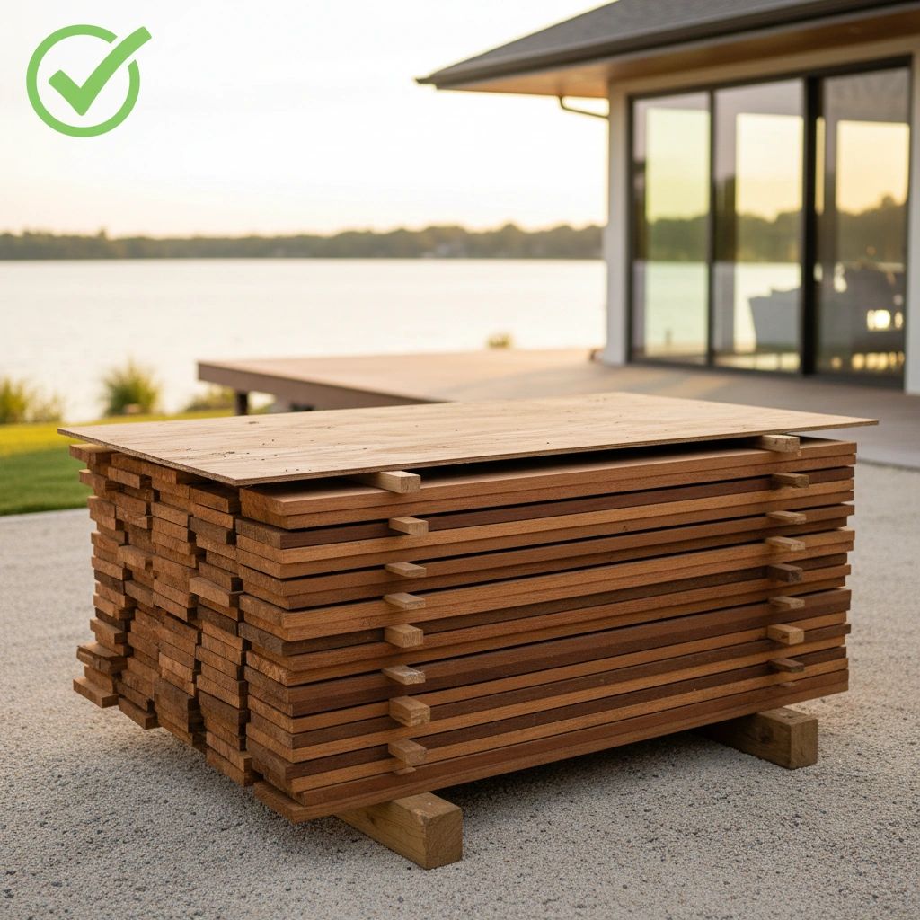 Proper lumber acclimation: stacked with spacers on blocks, covered with plywood