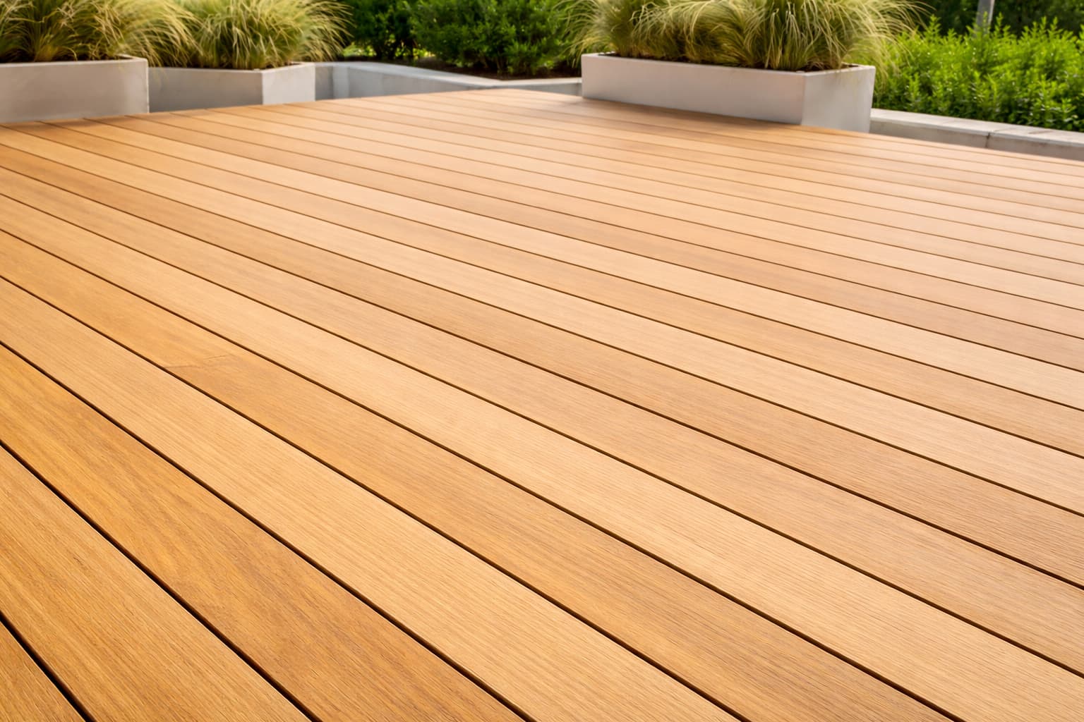 Garapa hardwood decking showing light golden-blonde color