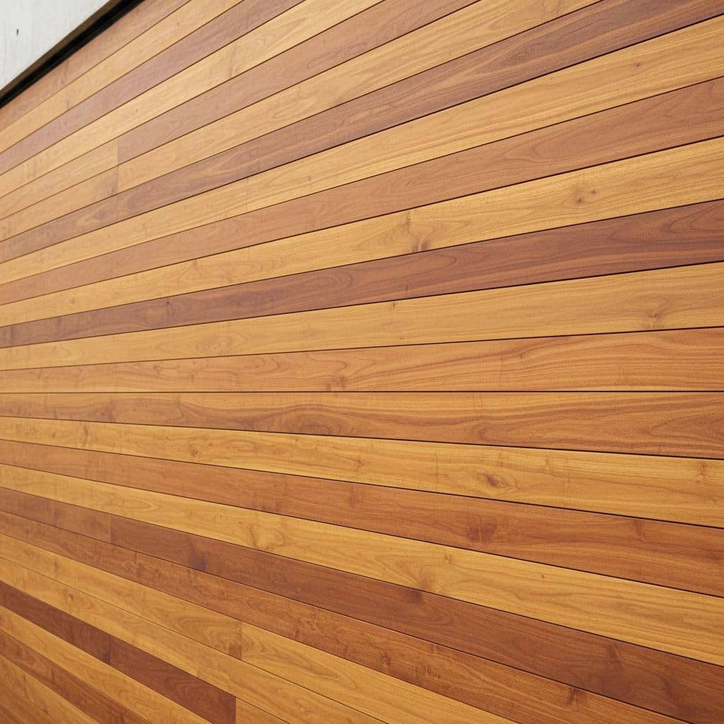 Cumaru hardwood decking boards showing warm reddish-brown tones