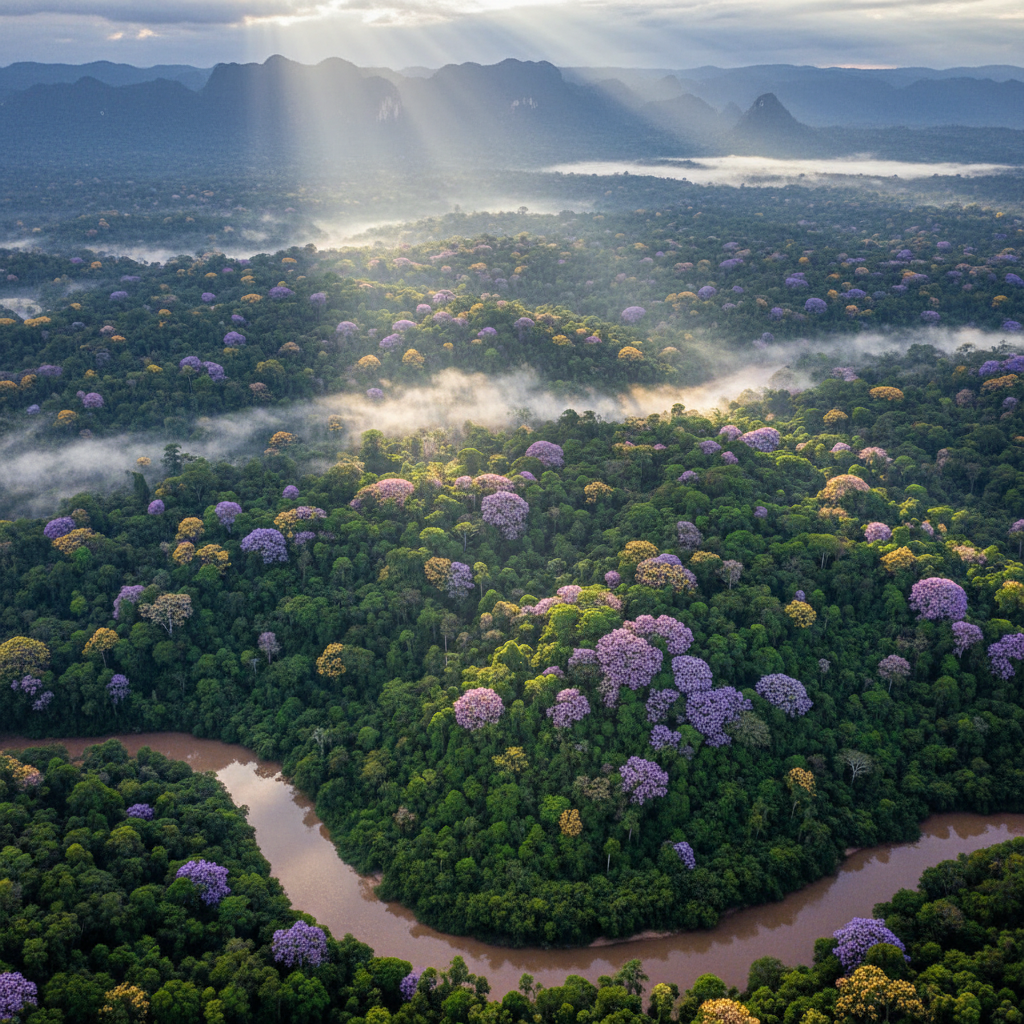 South American tropical rainforest with blooming Ipe trees