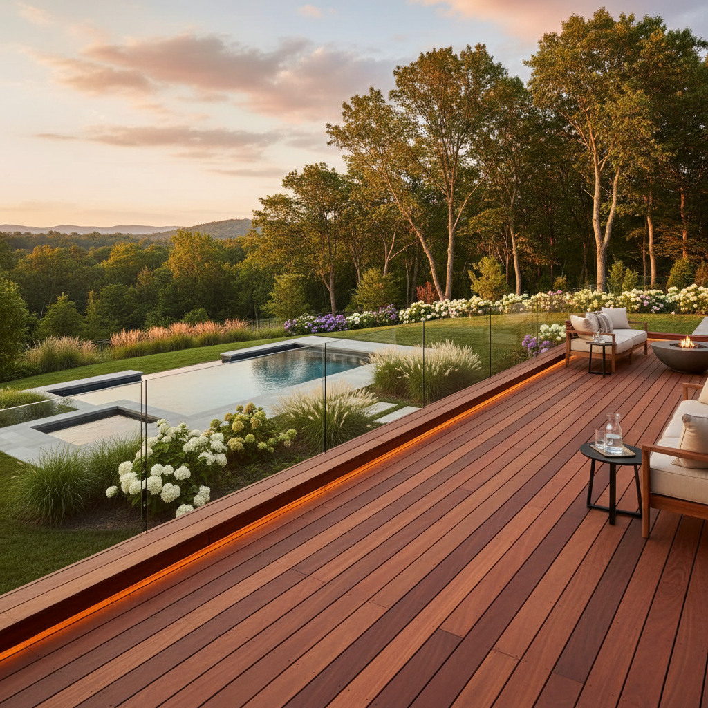 Modern residential Ipe wood deck overlooking a backyard pool