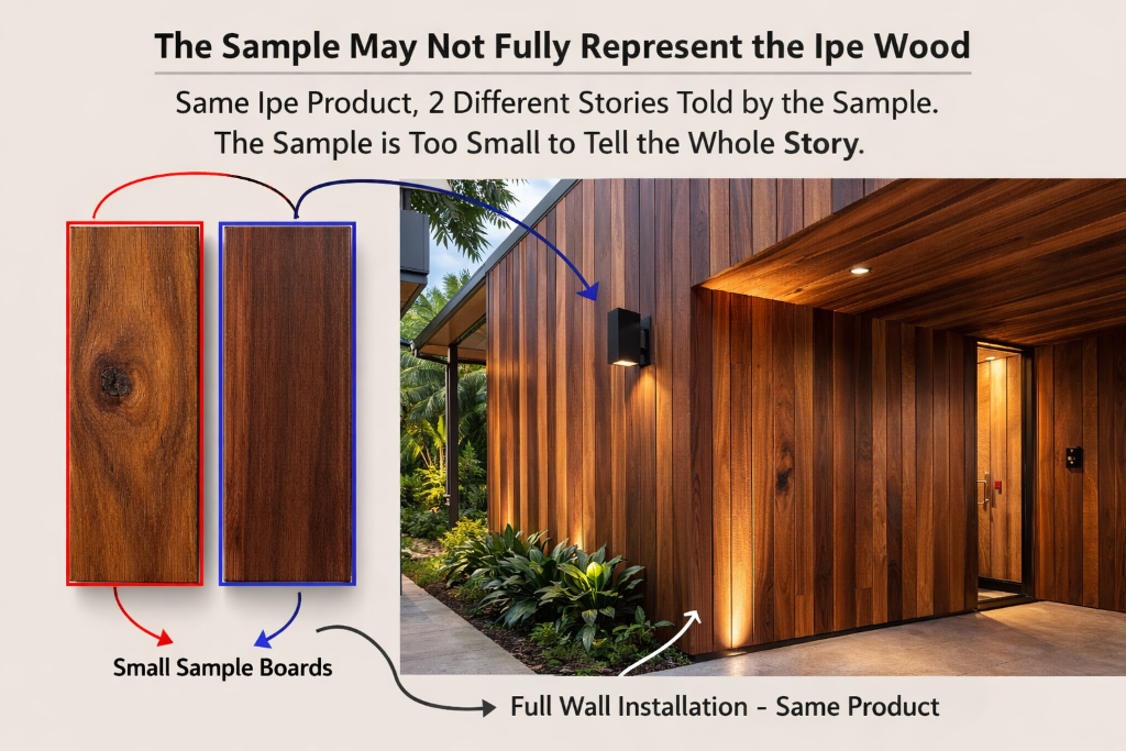 Small Ipe sample boards compared to a full wall installation showing the dramatic difference in appearance at scale