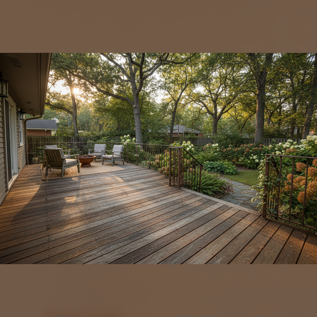 Beautifully aged Ipe hardwood deck lasting decades with rich patina